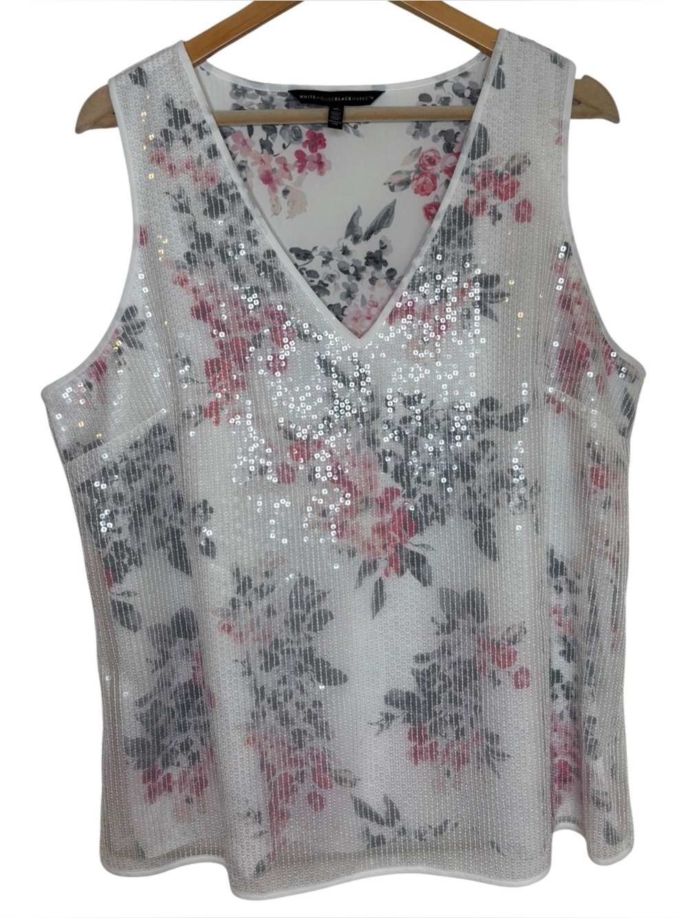 White House Black Market tank top white pink floral clear sequin xlarge